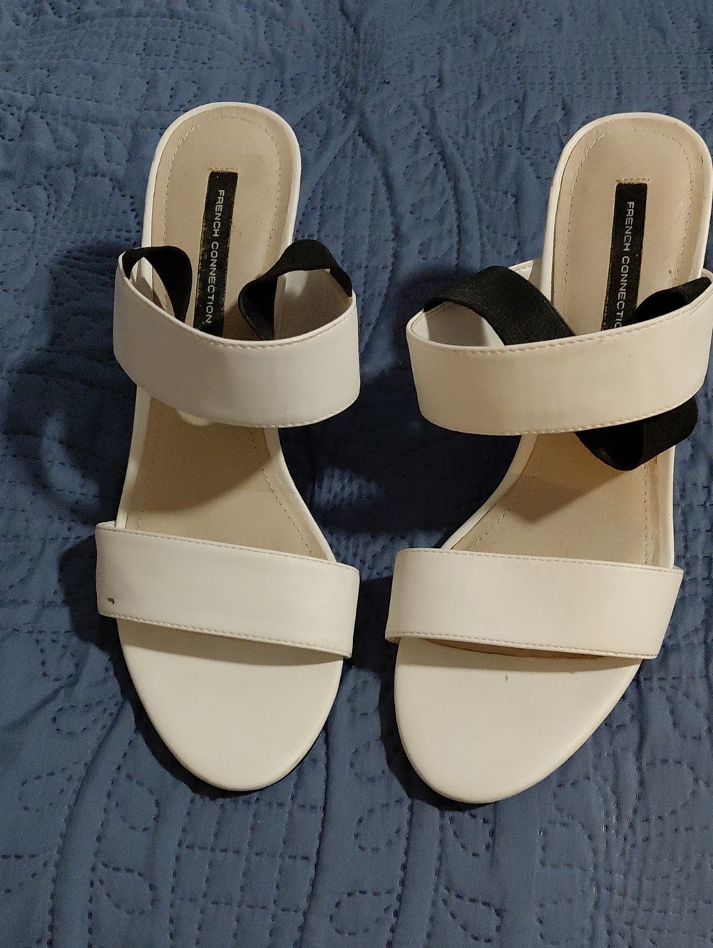 French Connection White Slide Sandals with Black Elastic Accent